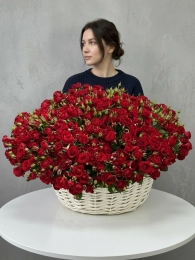 Букет из 101 красной кустовой розы в корзине